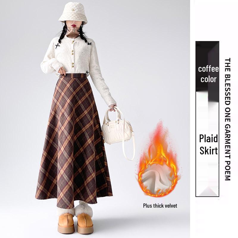 Women s Brown Plaid A-Line Skirt - High Waist, Slim Fit, Plus Velvet, Mid-Length Woolen for Spring, Autumn, Winter 2026. XL