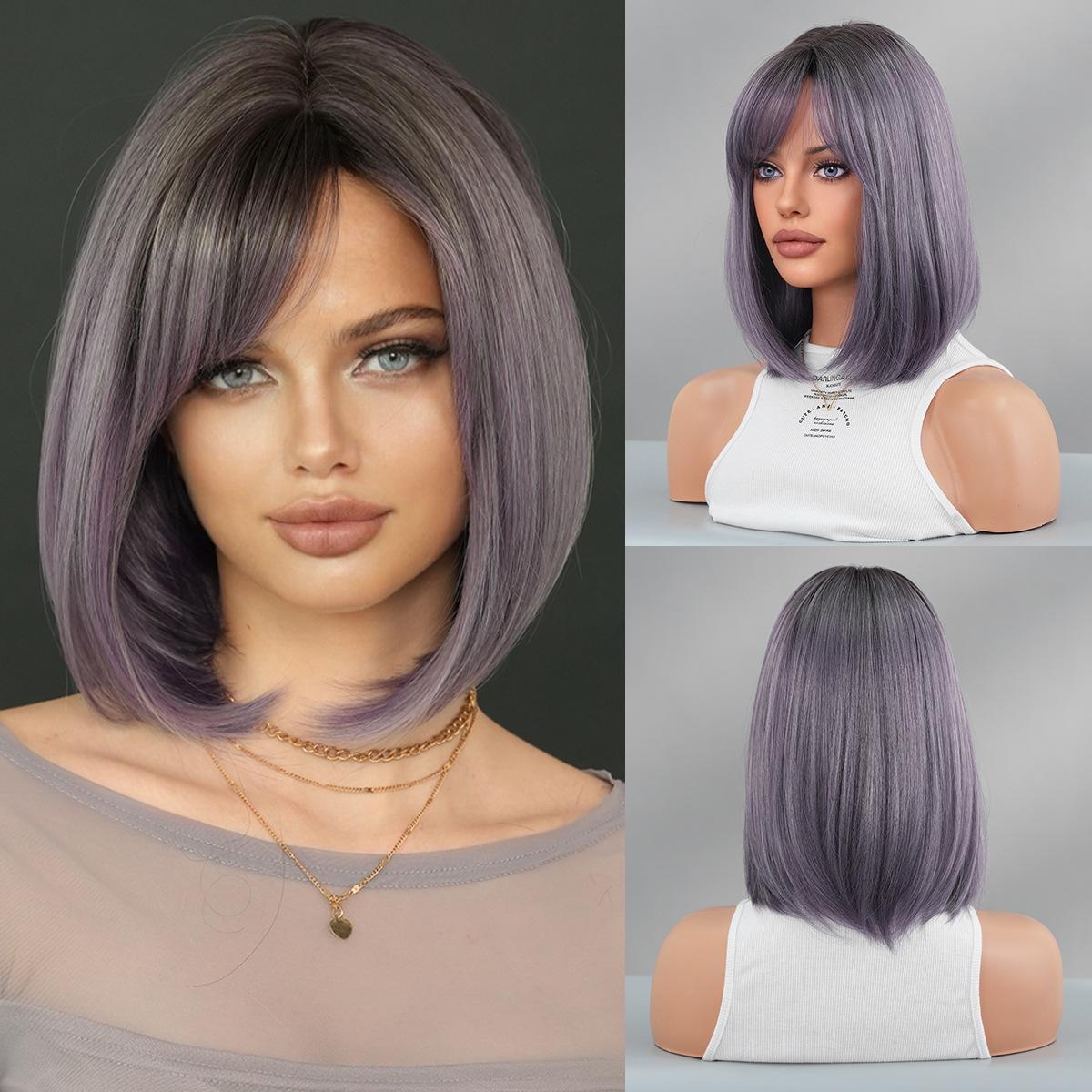 

2025 New Gradient Gray Purple Short Straight Wig for Women - Side Bangs Bob Wig Synthetic Machine Made Full Cap, 4 Colors Available 30cm 11.81 inch темный лаванды