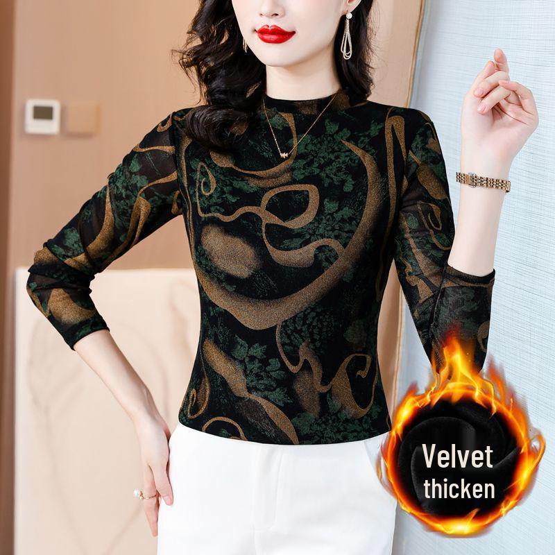 Southeast Asia 2024 Autumn/Winter Slimming Fleece-Lined Printed Women's Top with Semi-High Collar