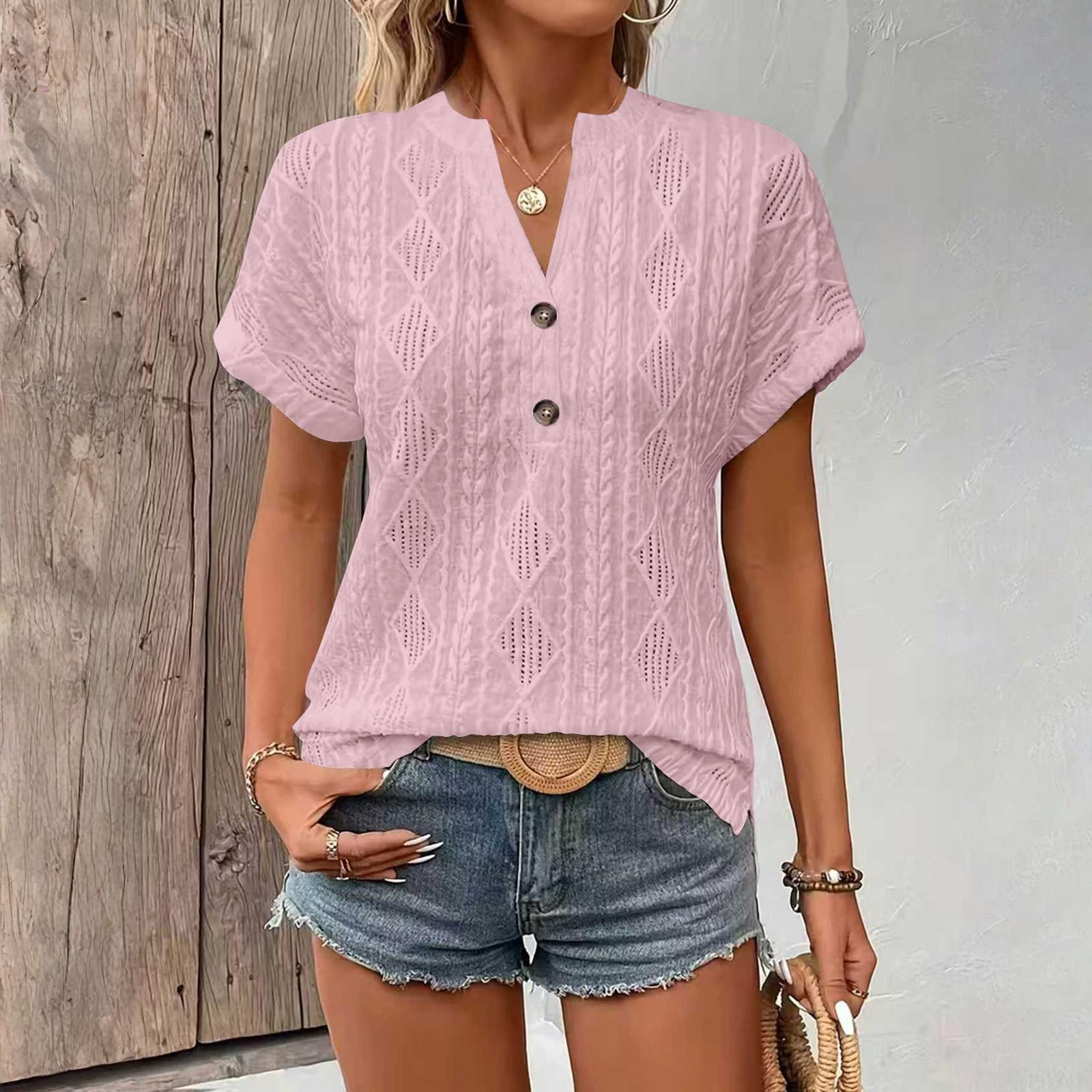

Women Short Sleeve Tops V Neck Collar Blouses Business Casual L рожевий