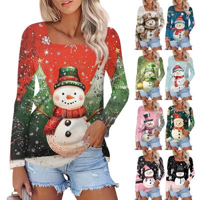 Women's Fashion Casual Long Sleeve Christmas Snowman Printed T-shirt Top