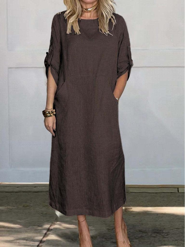 Spring/Summer Women's Solid Color Cotton-Linen Dress with Pockets