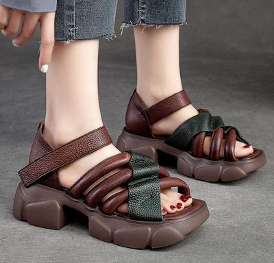 6CM Damen Sandalen Klett Kuh Echtleder Plateau Sandale Luxus Damen Dicksohlige RÖMER Großer Zeh Sommer Retro Schuhe