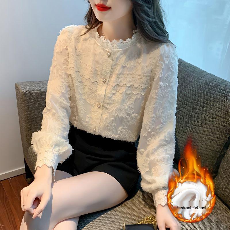 2025 Autumn Velvet Lace Stand Collar Shirt for Women