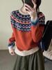 Women's Retro Fair Isle Color Block Wool Sweater for Autumn/Winter 2026
