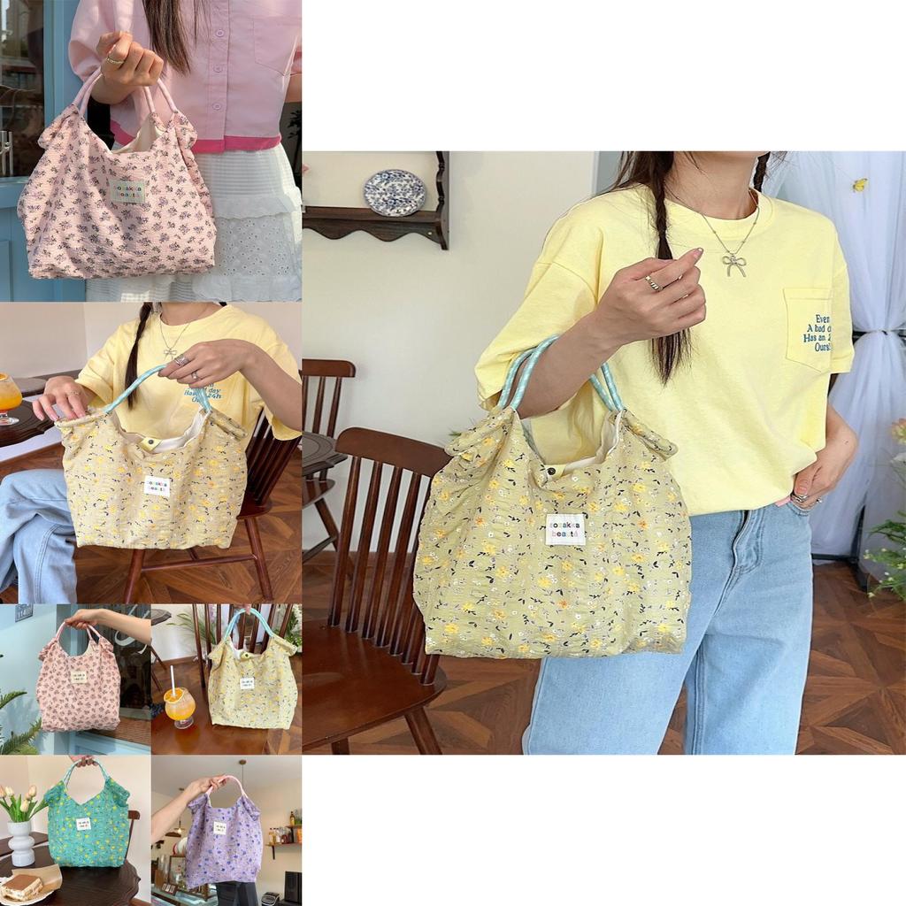 Stylish Korean Floral Print Canvas Tote Bag For Spring Summer With Large Capacity And Soft Design Ideal For Beach And Vacation Activities