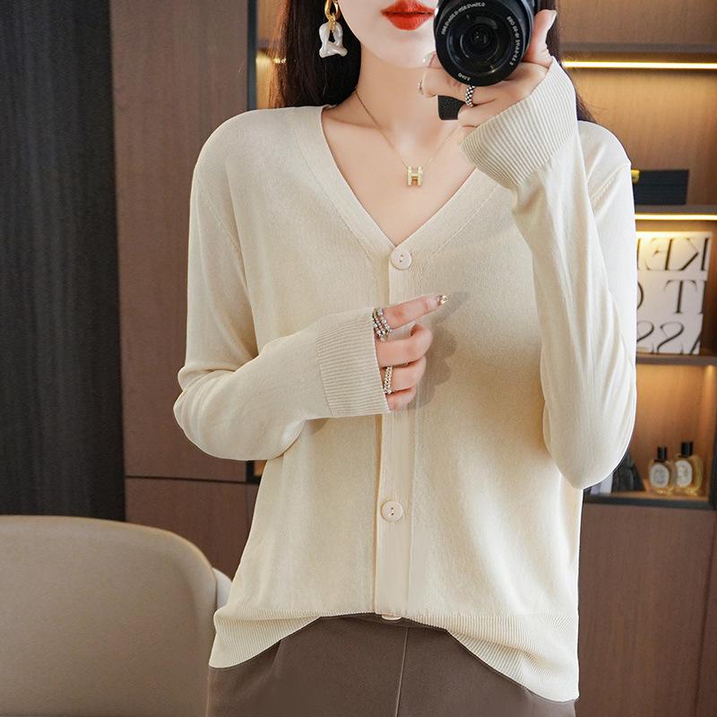 IHUASU Summer Thin Long-sleeved Ice Silk Knitted Women Cardigan Jacket Sun Shirt Air Conditioning Shirt with Skirt V-neck Outwear Tops