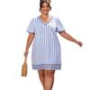 Large size striped dress women's V-neck embroidered loose short-sleeved casual vacation skirt
