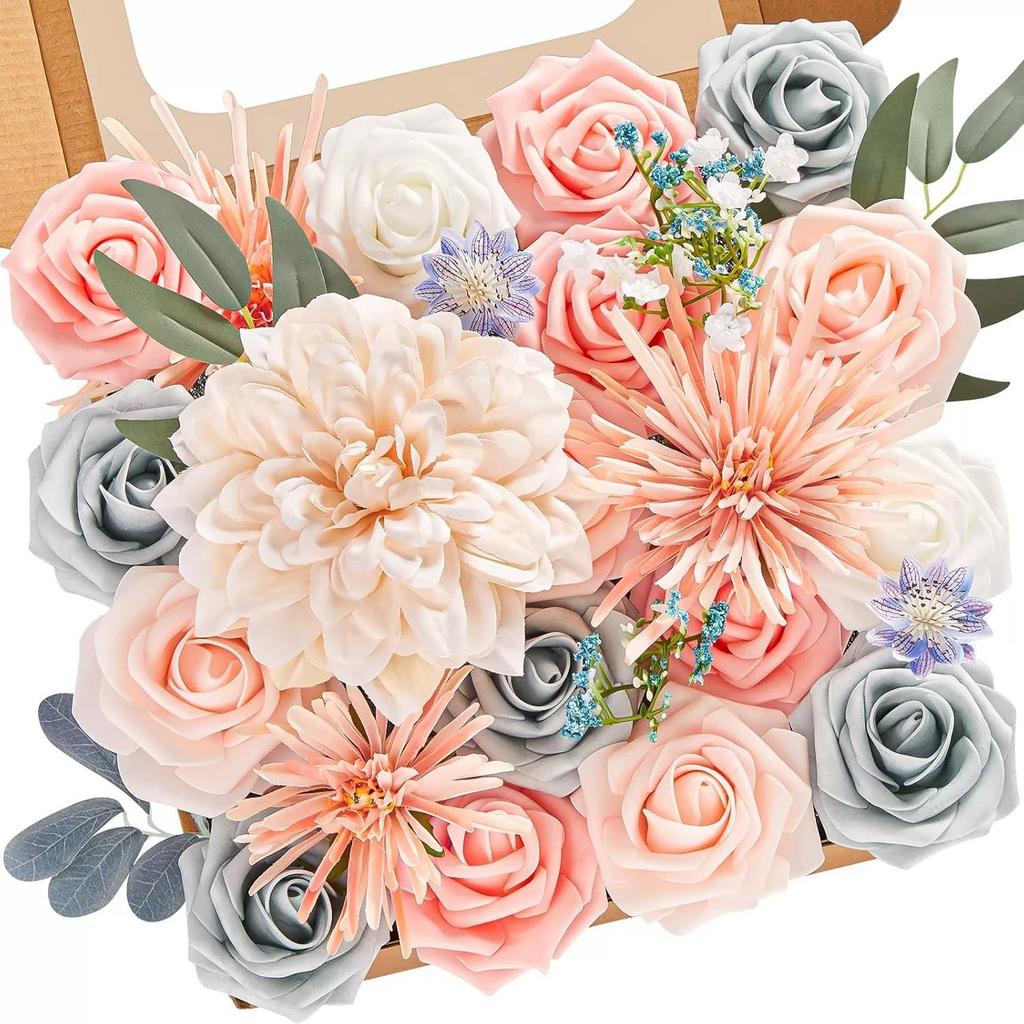 Artificial Flower Combination Box Set, Pink Silk Artificial Rose Bride Bouquet for Outgoing/Indoor DIY Center Piece Flowers for