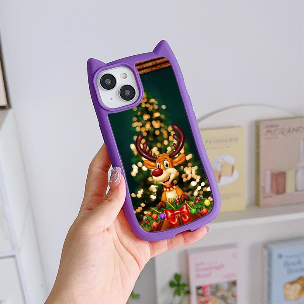 Cat Ear Soft Phone Case for iPhone 16 15 14 13 12 Pro Max Anti-Drop Transparent Acrylic Back Cover NY36 New Year Christmas Santa Claus Christmas tree