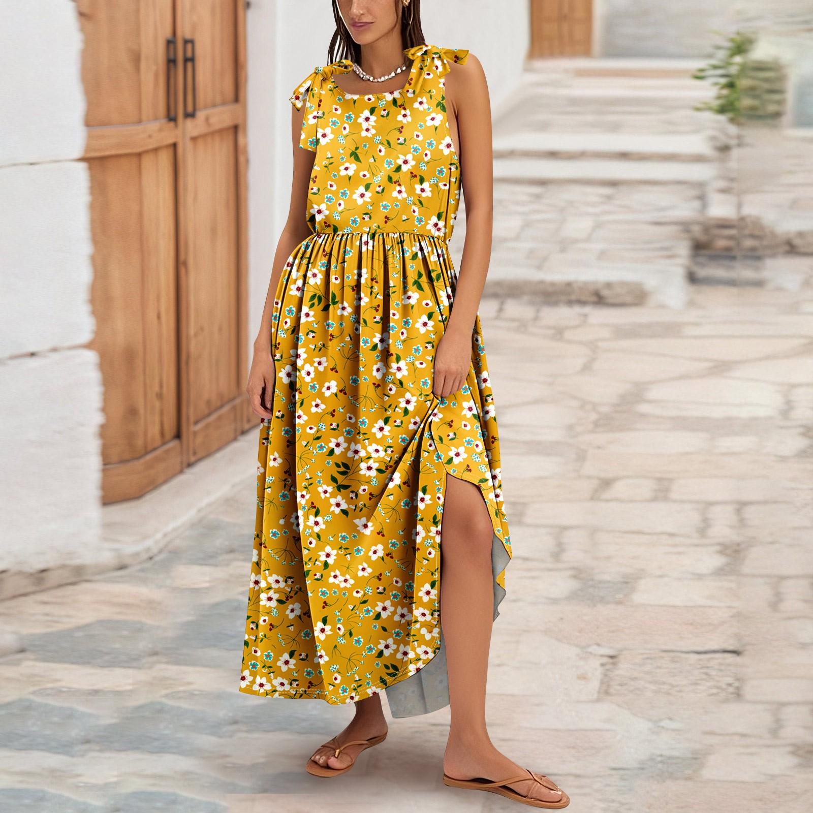 

Женское летнее модное платье-майка А-силуэта без рукавов повседневное платье с цветочным принтом/однотонными карманами XL жёлтый