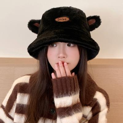 Cute Ear Hat Women'S New Face Small Warm Plush Bucket Hat Big Head Circumference Versatile Plain Basin Hat