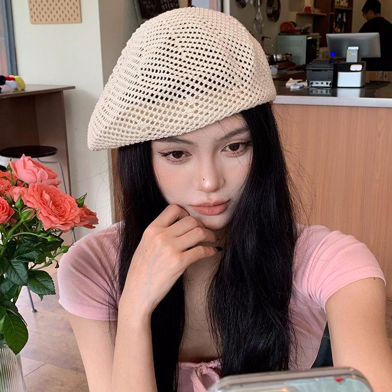 Ricygvm Summer Berets For Women Straw Hat Hollow Breathable Octagonal Cap Fashion Girls Artist Painter Caps Solid Color Bonnet