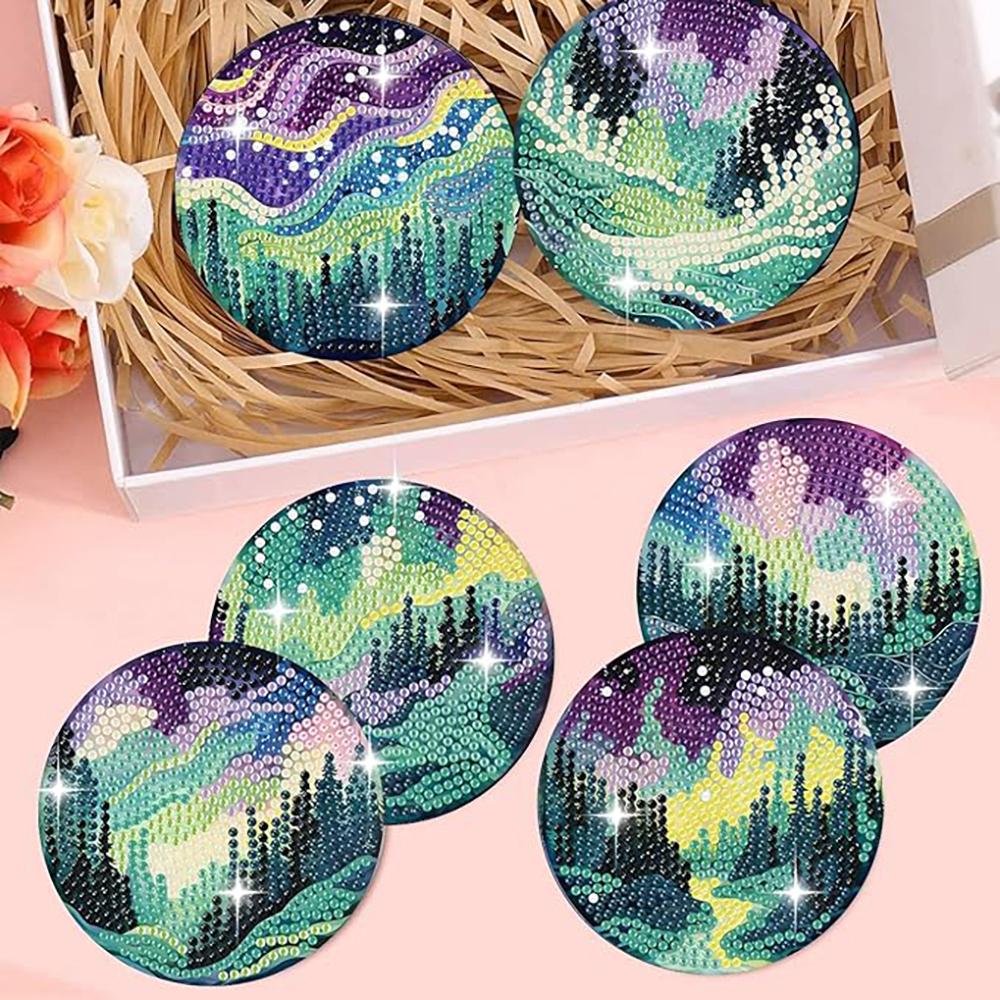 8 Stück/Set Diamantbemalte Untersetzer mit Aurora-Muster, DIY-Untersetzer mit Halter, Geeignet für Anfänger und Erwachsene, Kunst- und Bastelbedarf Geschenke