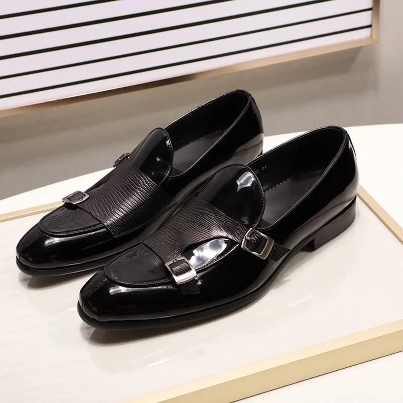 Fashion FELIX CHU Men's Patent Leather Loafers Black/Green Monk Strap Slip-On Shoes for Wedding Party Dress Casual Fashion