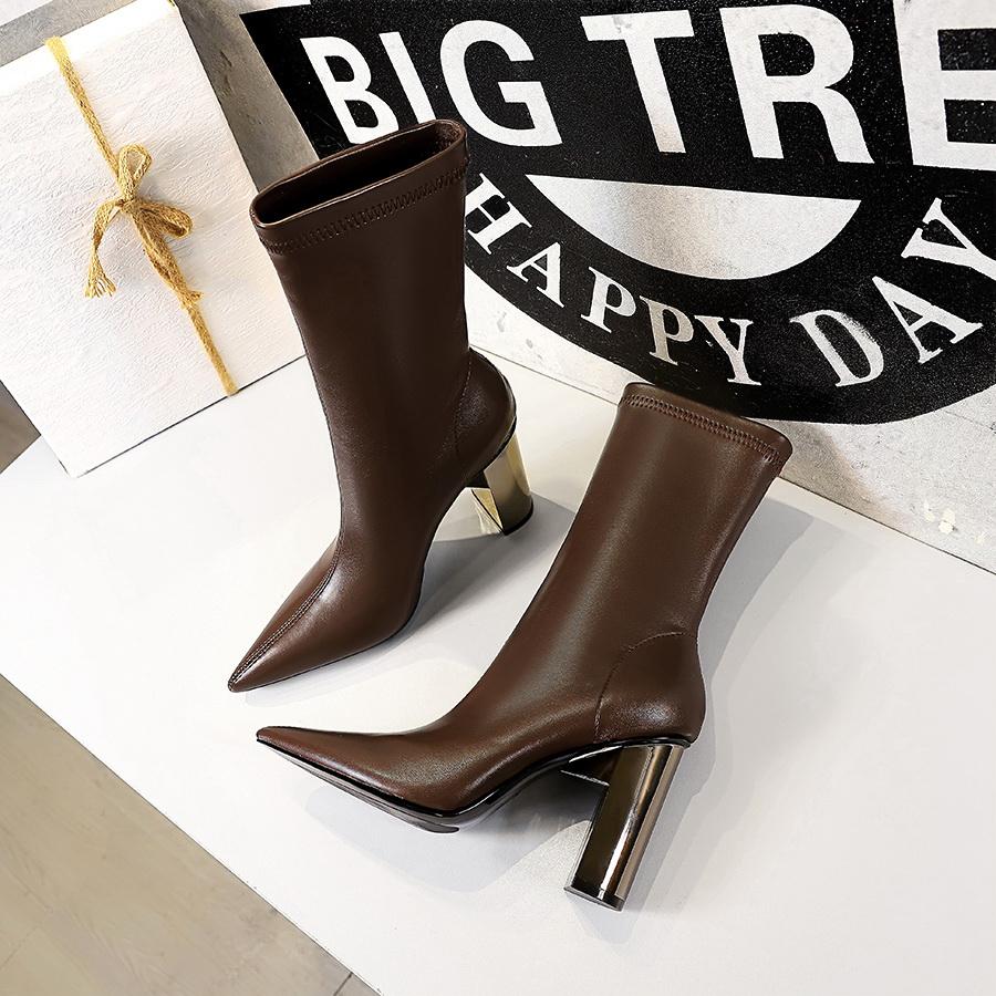 Bigtree Shoes Mid-Calf Boots Chunky Block Heels Women Boots Pointed High-Heeled Boots Lady Pu Leather Boots Autumn Winter Shoes