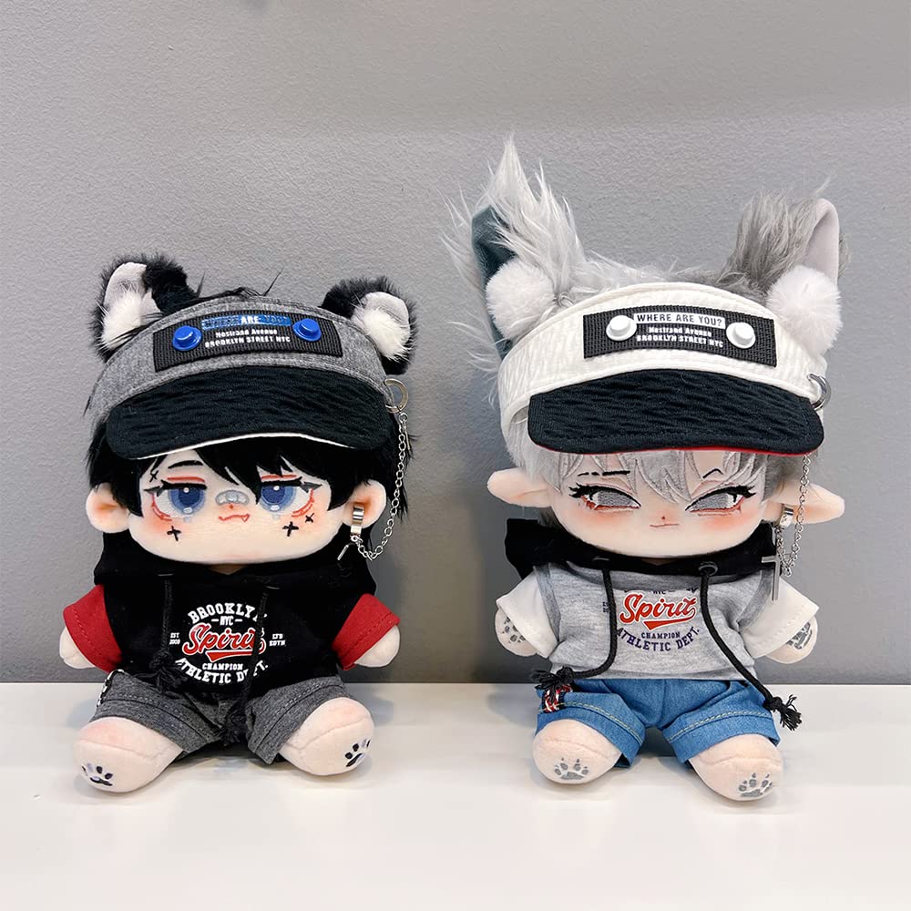 niannyyhouse 20cm Plush Doll with Loose Clothes, Empty Top Hat, Color Block Hoodie, Shorts, Ear Clip Accessories, Cotton Doll, Dress-Up (Grey)