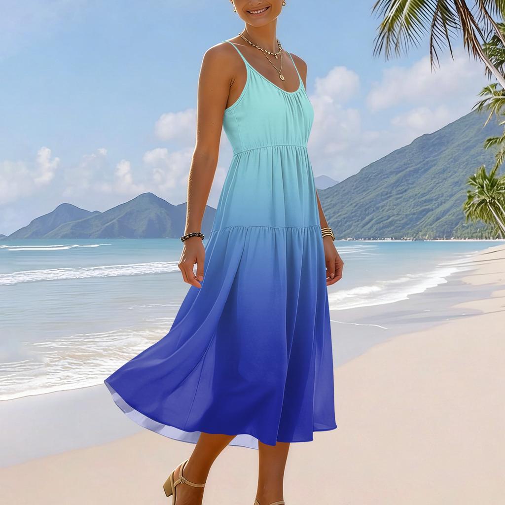 Sleeveless Gradient Print Maxi Dress for Women with Adjustable Spaghetti Straps and Flowing A-Line