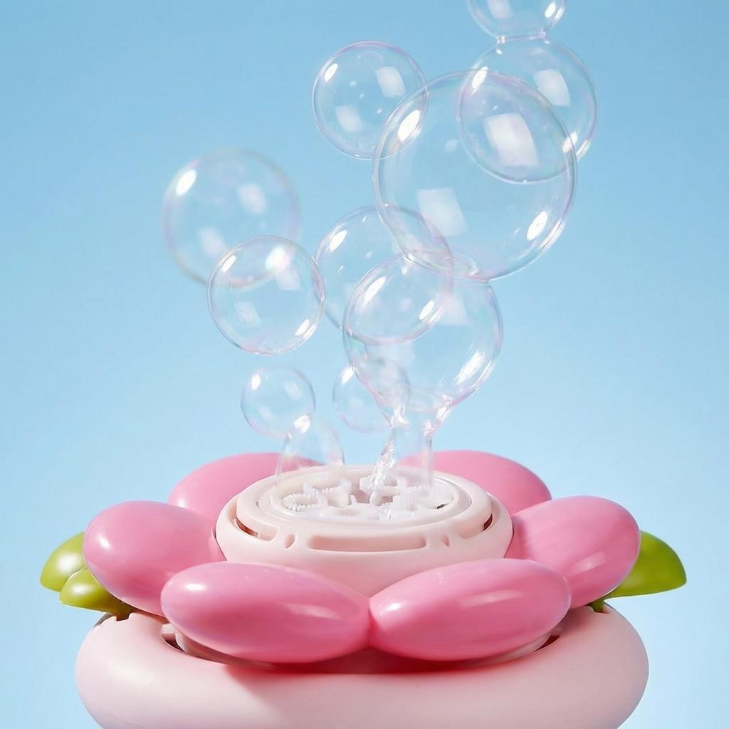 Blasenmaschine Blume - Vollautomatische Aufladung, LED-Beleuchtung, Handlicher Blasenstab, Blasenblasspielzeug für Kinder 65ml