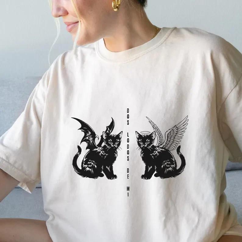 Dos Lados De Mi Shirt, Angel and Devil Cat Tee, Gothic Kitten Tshirt