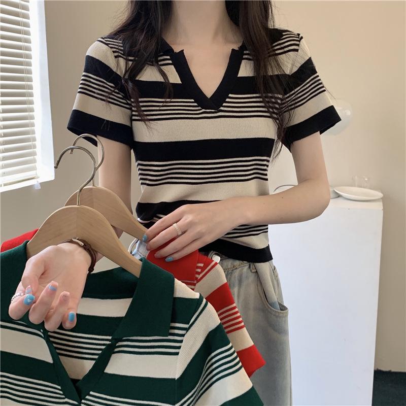 Women's Summer Striped Knitted Polo Collar Short Sleeve T-Shirt - 2022 Trendy Student Top