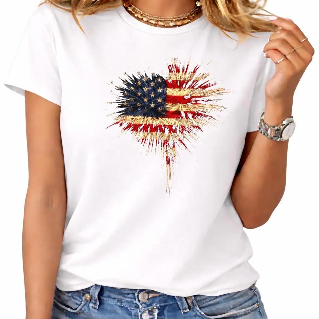 American Flag Firework Heart Shape 4th Of July Patriotic Celebration Casual Daily Unisex Short Sleeve Graphic T Shirt