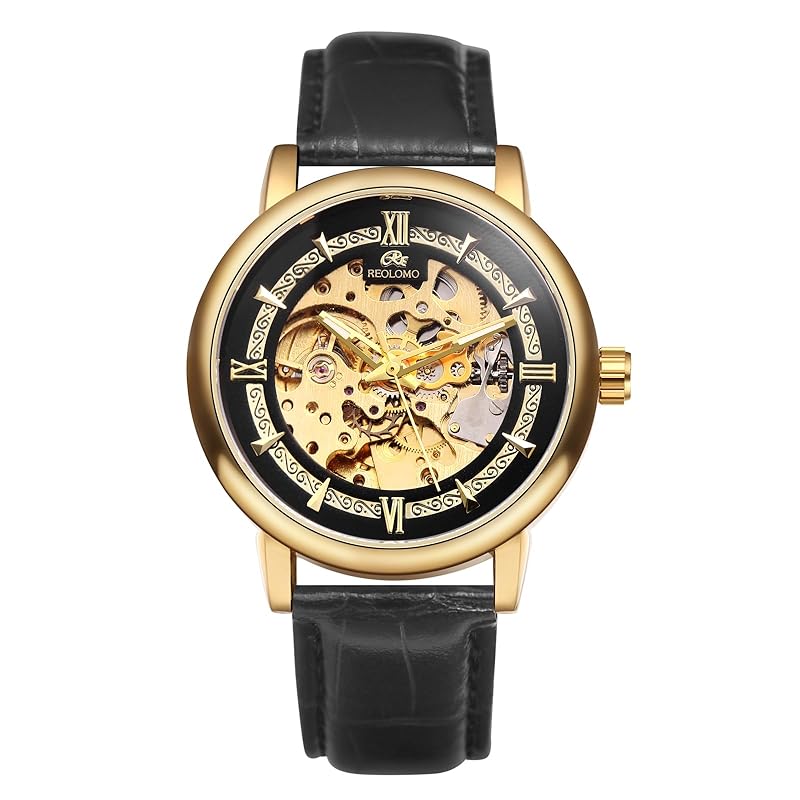 

watch men s automatic winding skeleton Genuine leather belt: waterproof analog Fashionable men s watch fashion watch black gold- birthday Christmas