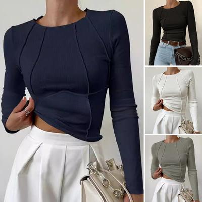 Women T-shirt Round Neck Long Sleeve Slim Fit Tee Shirt Solid Color Lines Decoration Stretchy Pullover Tops Daily Wear