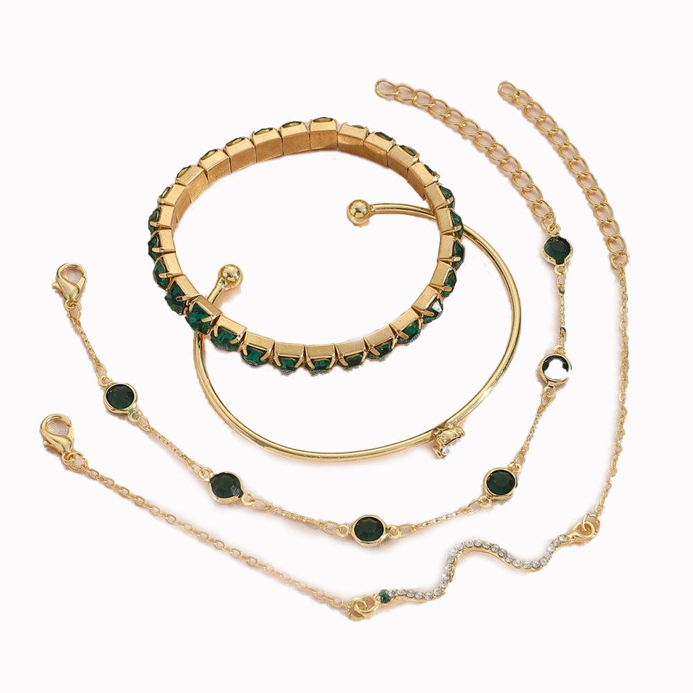 Stylish European & American Green Diamond Snake Bangles: 4-Piece Women's Elegant Metal Bracelet Set