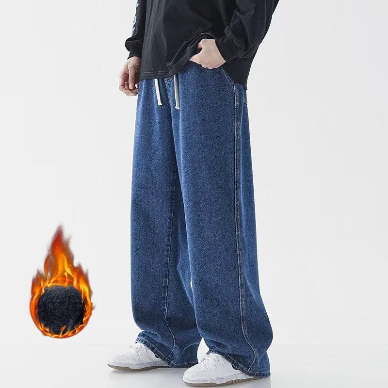 Men's Autumn Winter Fleece Lined Thickened Straight Leg Denim Pants American Style High Street Men's Sports Casual Long Pants