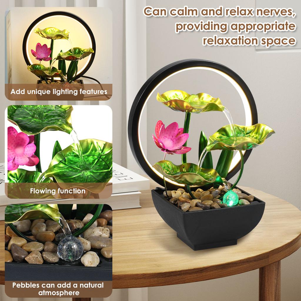 Tabletop Fountain 3-Tiers Lotus Leaf Small Waterfall Fountains Indoor Water Fountain with Rocks LED Ring Lights Home Decoration