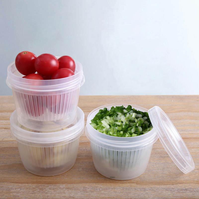 Refrigerator Fresh-keeping Box Ginger Garlic Onion Storage Box Household Portable Round Transparent Drain Double Layer Fresh-keeping Bowl Sealed Box