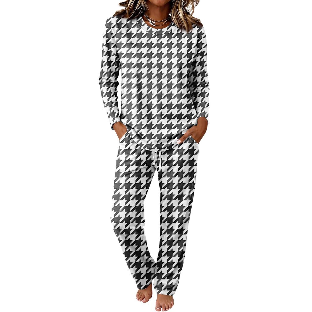 Women's Casual Long Sleeve Round Neck Drawstring Wide Leg Pajama Set for Sleepwear