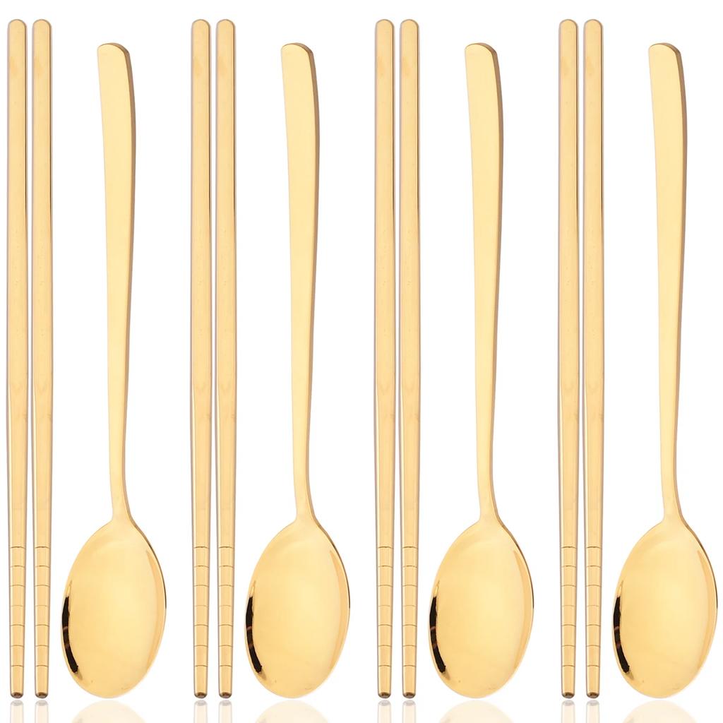 8pcs Gold Stainless Steel Cutlery Set Western Mirror Flatware Set Korean Style Spoon Chopsticks Dinnerware Set Kitchen Tableware