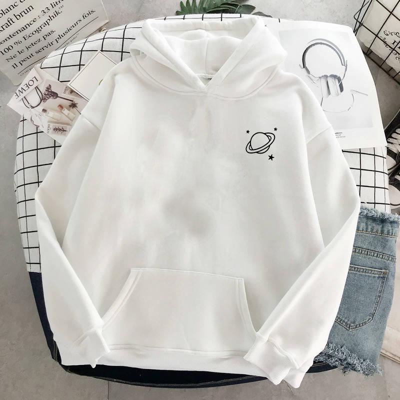 The New 8 Colors Sweatshirts Velvet Winter Women's Cute Saturn Printing Hooded Female 2020 Thicken Warm Hoodies Lady Autumn Tops