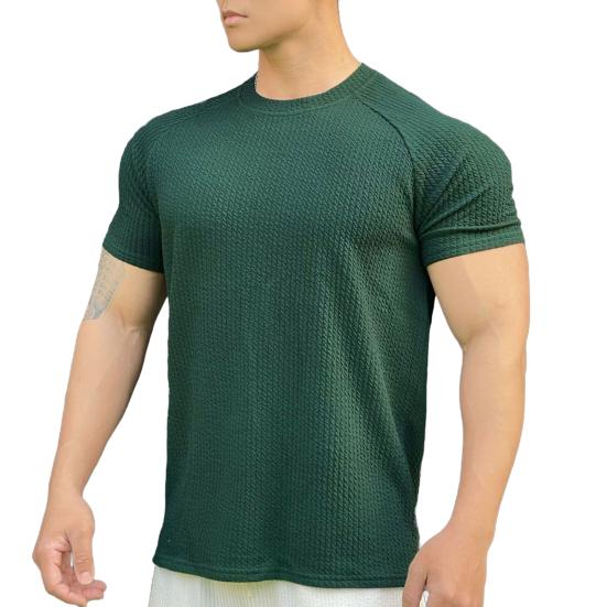 Men Summer Top with 3D Texture Round Neck Short Sleeves Loose Solid Color Muscular Men Sport T-shirt Daily Exercise Shirt