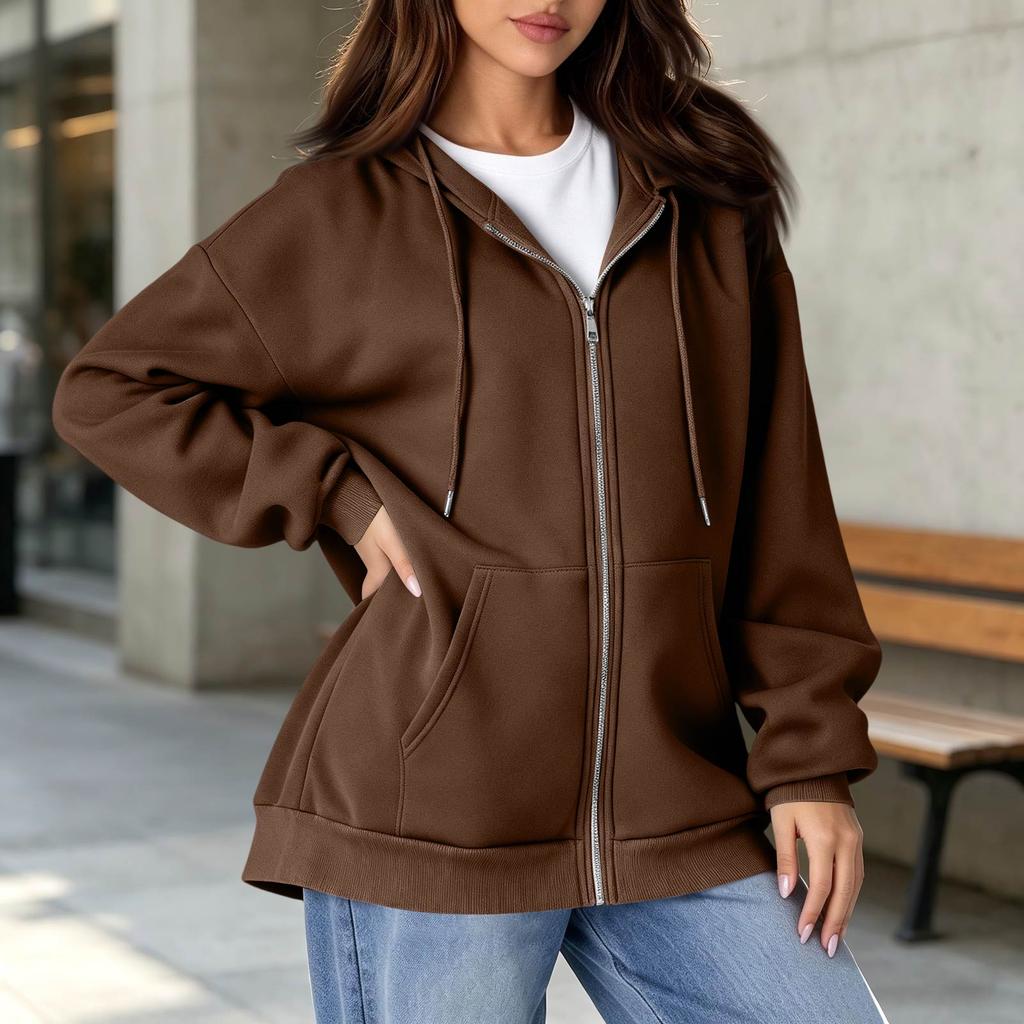 Kadın Astarlı Tam Fermuarlı Kapüşonlu Sweatshirt, Sonbahar Kış İçin Günlük Kapüşonlu Sweatshirt