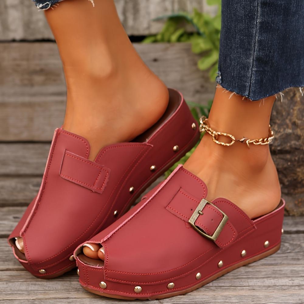 Women's Beige Wedge Sandals - Comfortable Open-Toe Slip-On Clogs with Buckle Straps & Studded Sole, Casual Summer Platform Shoes in Red, Black, or Tan