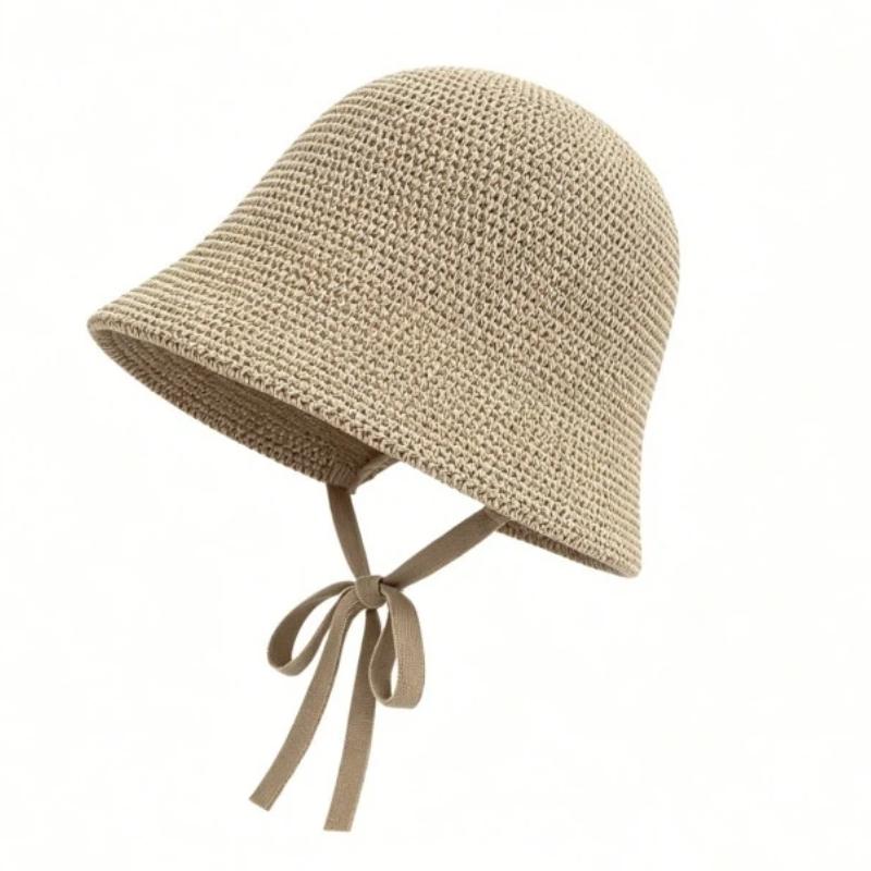 Summer Essential Striped Basin Hat with Knitted Hollow Out Design Foldable for Beach Sunshade