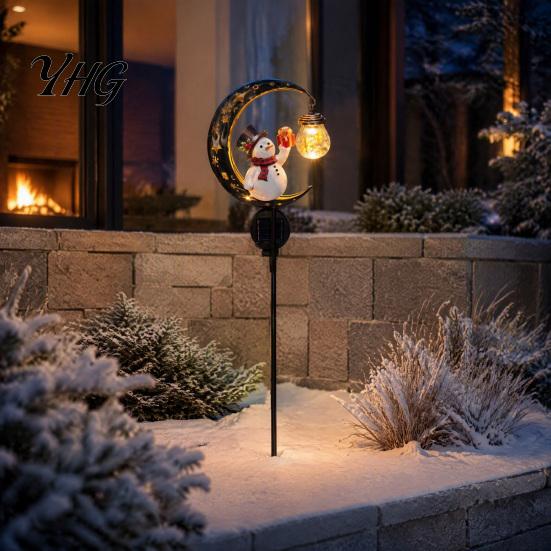 Creative Christmas Courtyard Ornaments Snowman Garden Stake Light, Solar Powered Crescent Moon Lamp, Pathway Light Warm Glow Waterproof for Yard