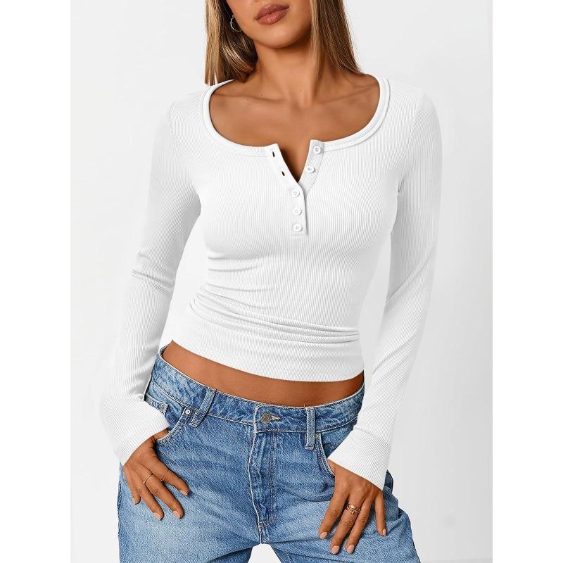 Women S Long Sleeve Ribbed Knit Button V Neck T Shirt