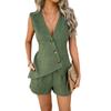 2025 Women's Spring/Summer European-American Casual Solid Color Button-Down Cardigan Vest & Shorts Set