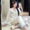 Gentle Wind Ice Silk Spring Summer Pajamas Women'S Long Sleeves Trousers Wind Blue Lace Loungewear