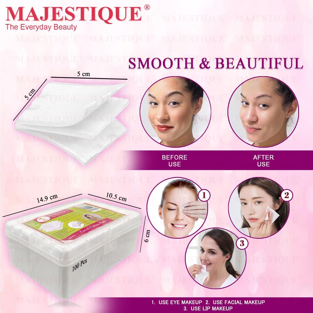 Majestique 100Pcs Soft Touch Facial Cotton Pads | Ultra-Absorbent Makeup Remover & Nail Polish Wipes | Gentle Cosmetic Cleansing Pads for Skin Care