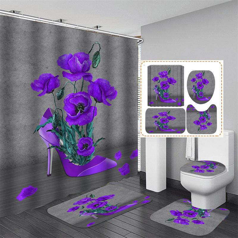 20 barev Rose Print 3D sprchový závěs s háčky Vodotěsný Koupelnový závěs Protiskluzová sada podložek do vany Toaletní koberečky Koberec Domácí dekorace