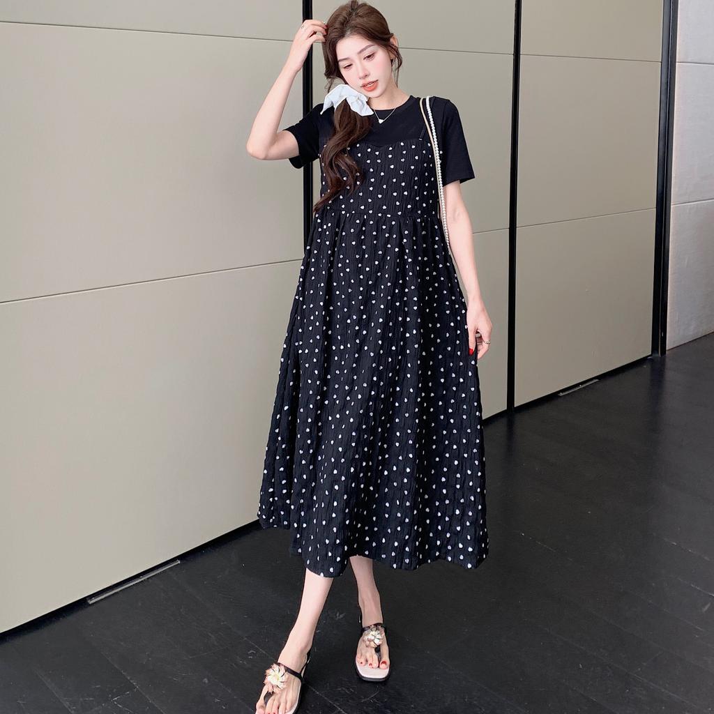 Dimanaf 2025 Summer Plus Size Dress Women Casual Polka Dot Printing Vintage Dress Basic Loose Black O-Neck Long Dress