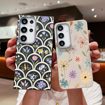 Dünne Hülle mit Blumendruck und TPU-Lederstruktur für Samsung S25 Ultra S24 FE S23 S22 S21 A56 A36 A16 A15 A55 A26 A35, matt, weich, stoßfest