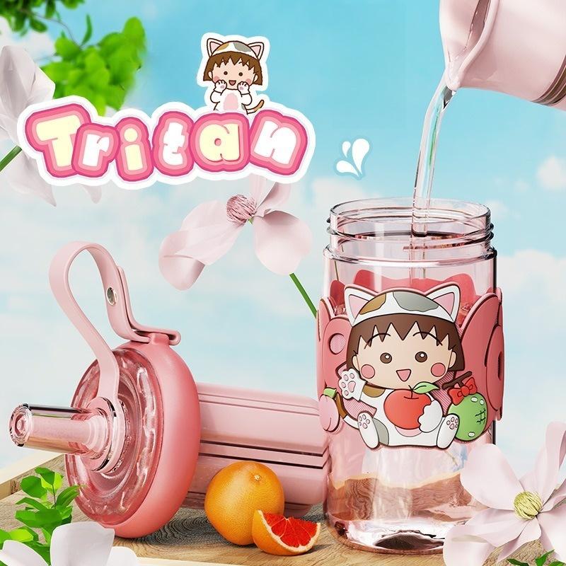 660ml Kawaii Chibi Maruko Chan Water Cup Cute Plastic Straw Cup BPA-Free Transparent Kids Bottle Birthday Gift for Girls