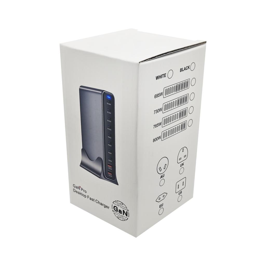 800W Gallium Nitride Desktop Charger – 10-Port Australian Standard PD Fast Charger with 765W Multifunctional Output.