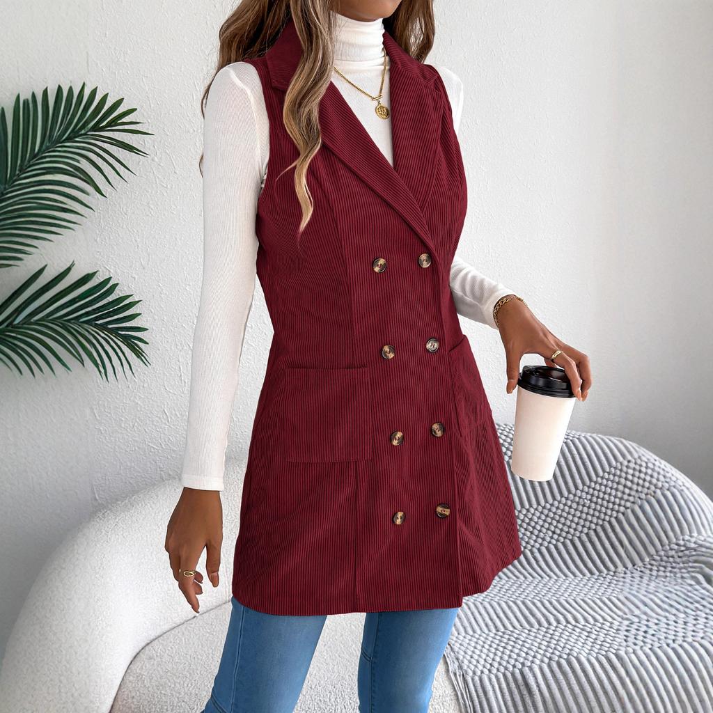 Solid-color Double-breasted Pocket Long Vest Jacket for Women In Autumn and Winter
